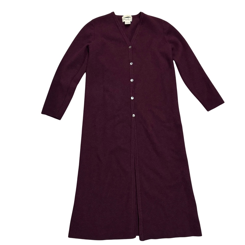 Eddie Bauer Cardigan Women L Burgundy Red Black Excellent Merino Wool Duster